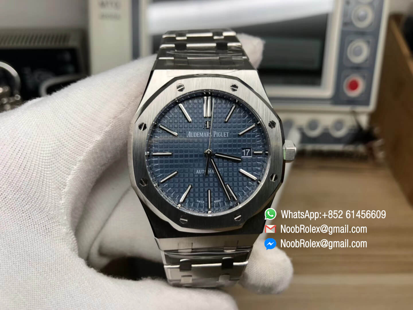 AP Royal Oak 41mm 15400 Stainless Steel Case Blue Textured Dial on Steel Bracelet A3120 JF 1 1 Best Edition V5 Noob Watch The Best Swiss Replica Watches from China Noob Factory