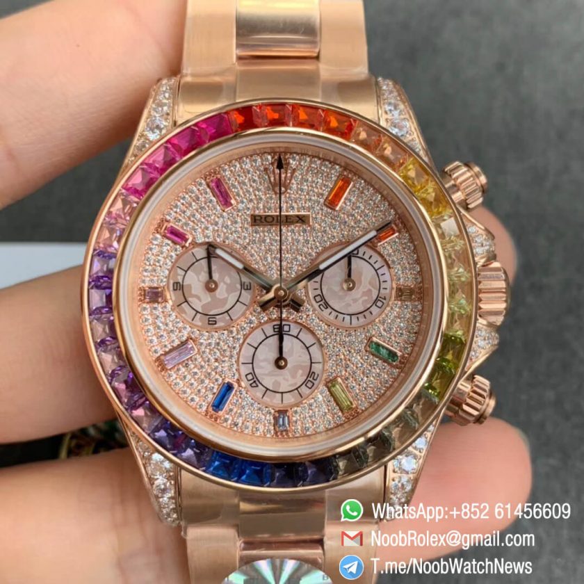 Fake Rolexes Daytona 116595RBOW Full Rose Gold Rainbow Crystal Bezel ...